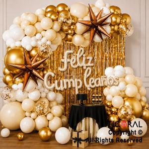 SET DE GLOBOS ARCO XL FELIZ CUMPLEA�OS BLANCO Y ORO (GY 7800) 100 UNIDADES